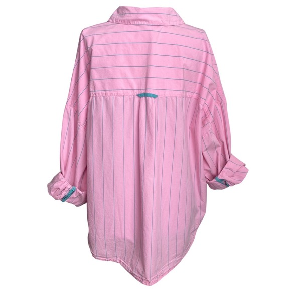 ANTHROPOLOGIE Oversized Stripe Button Down Shirt SZ S Pink Teal Preppy Boyfriend - Picture 6 of 11